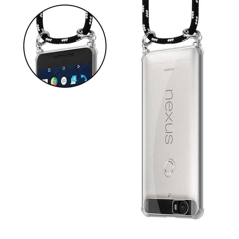 Cadorabo Handy Kette kompatibel mit Huawei Google NEXUS 6P Silikon Schutzhülle mit Silbernen Ringen, Kordel Band und abnehmbarem Etui