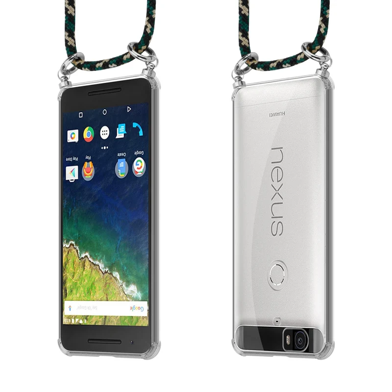 Cadorabo Handy Kette kompatibel mit Huawei Google NEXUS 6P Silikon Schutzhülle mit Silbernen Ringen, Kordel Band und abnehmbarem Etui
