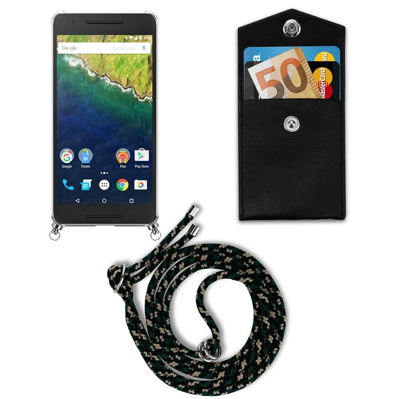 Cadorabo Handy Kette kompatibel mit Huawei Google NEXUS 6P Silikon Schutzhülle mit Silbernen Ringen, Kordel Band und abnehmbarem Etui