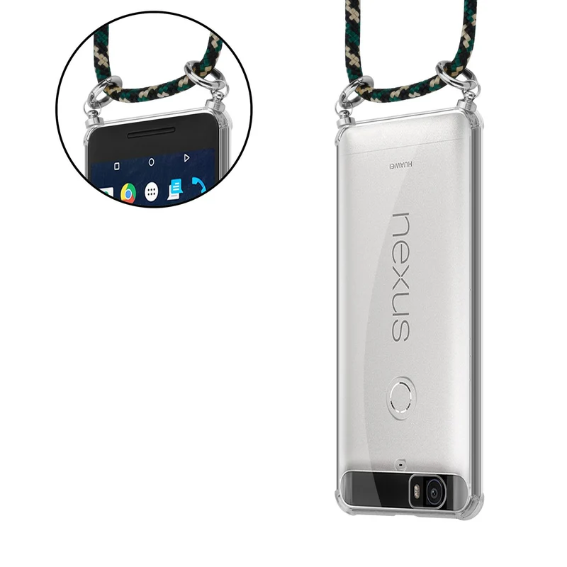 Cadorabo Handy Kette kompatibel mit Huawei Google NEXUS 6P Silikon Schutzhülle mit Silbernen Ringen, Kordel Band und abnehmbarem Etui