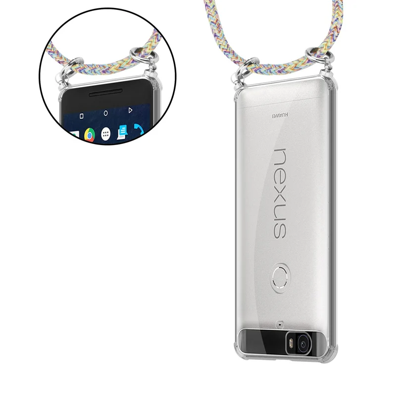 Cadorabo Handy Kette kompatibel mit Huawei Google NEXUS 6P Silikon Schutzhülle mit Silbernen Ringen, Kordel Band und abnehmbarem Etui