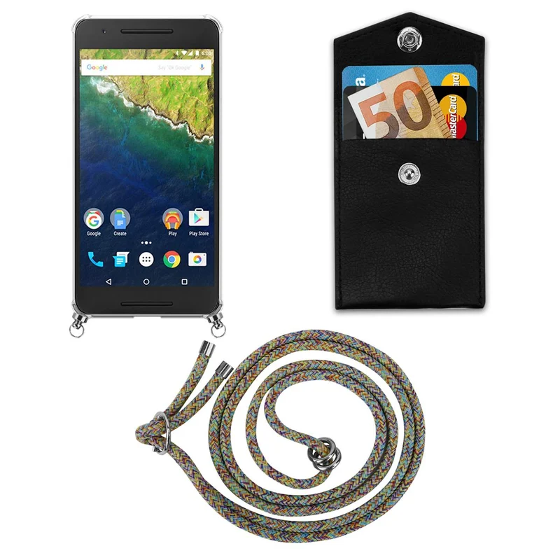 Cadorabo Handy Kette kompatibel mit Huawei Google NEXUS 6P Silikon Schutzhülle mit Silbernen Ringen, Kordel Band und abnehmbarem Etui