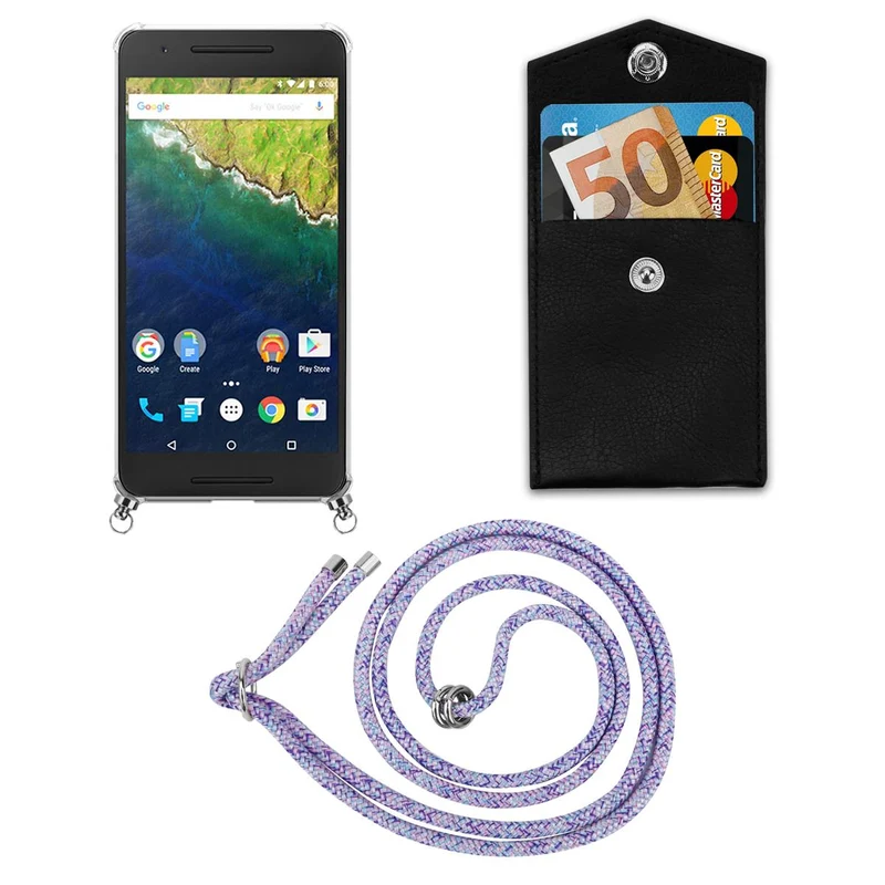 Cadorabo Handy Kette kompatibel mit Huawei Google NEXUS 6P Silikon Schutzhülle mit Silbernen Ringen, Kordel Band und abnehmbarem Etui