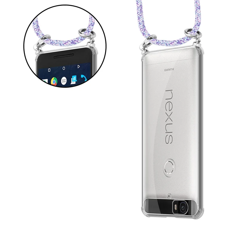 Cadorabo Handy Kette kompatibel mit Huawei Google NEXUS 6P Silikon Schutzhülle mit Silbernen Ringen, Kordel Band und abnehmbarem Etui