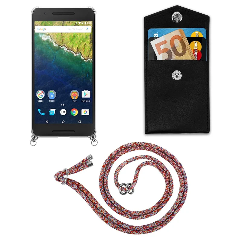 Cadorabo Handy Kette kompatibel mit Huawei Google NEXUS 6P Silikon Schutzhülle mit Silbernen Ringen, Kordel Band und abnehmbarem Etui