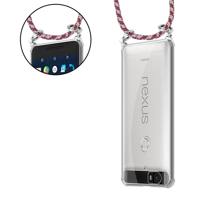 Cadorabo Handy Kette kompatibel mit Huawei Google NEXUS 6P Silikon Schutzhülle mit Silbernen Ringen, Kordel Band und abnehmbarem Etui