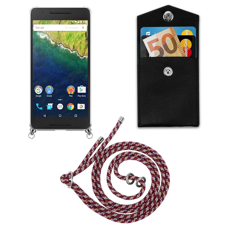 Cadorabo Handy Kette kompatibel mit Huawei Google NEXUS 6P Silikon Schutzhülle mit Silbernen Ringen, Kordel Band und abnehmbarem Etui