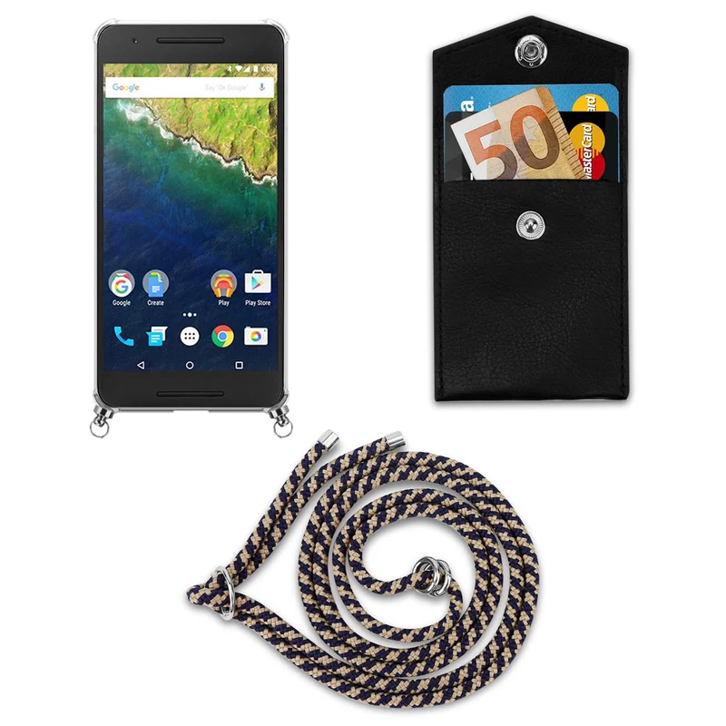 Cadorabo Handy Kette kompatibel mit Huawei Google NEXUS 6P Silikon Schutzhülle mit Silbernen Ringen, Kordel Band und abnehmbarem Etui