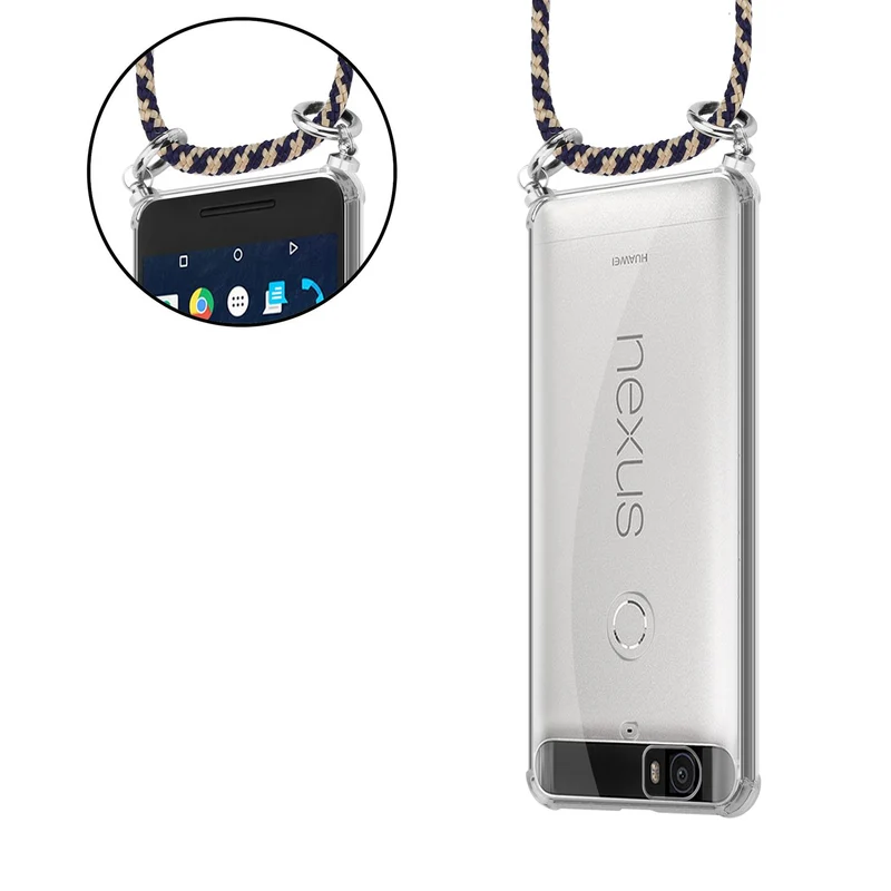 Cadorabo Handy Kette kompatibel mit Huawei Google NEXUS 6P Silikon Schutzhülle mit Silbernen Ringen, Kordel Band und abnehmbarem Etui