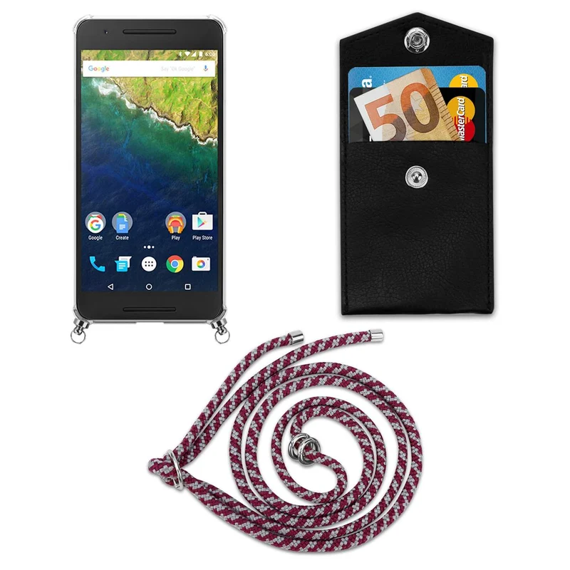 Cadorabo Handy Kette kompatibel mit Huawei Google NEXUS 6P Silikon Schutzhülle mit Silbernen Ringen, Kordel Band und abnehmbarem Etui