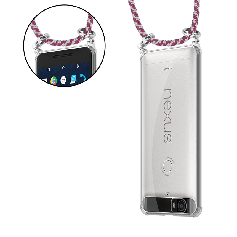 Cadorabo Handy Kette kompatibel mit Huawei Google NEXUS 6P Silikon Schutzhülle mit Silbernen Ringen, Kordel Band und abnehmbarem Etui