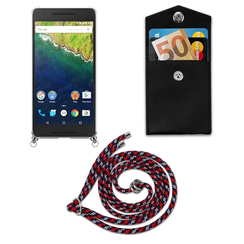 Cadorabo Handy Kette kompatibel mit Huawei Google NEXUS 6P Silikon Schutzhülle mit Silbernen Ringen, Kordel Band und abnehmbarem Etui