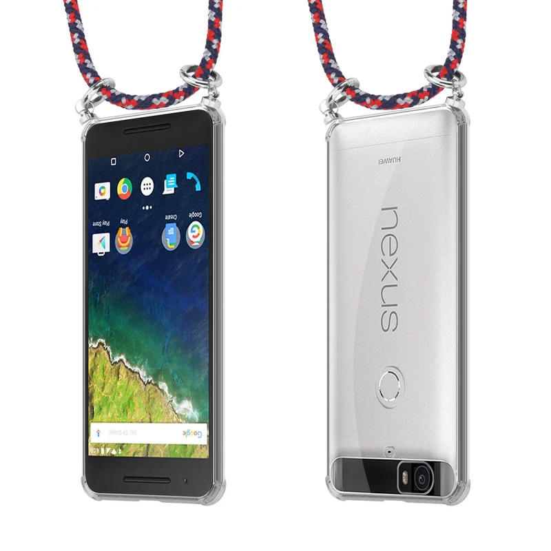 Cadorabo Handy Kette kompatibel mit Huawei Google NEXUS 6P Silikon Schutzhülle mit Silbernen Ringen, Kordel Band und abnehmbarem Etui