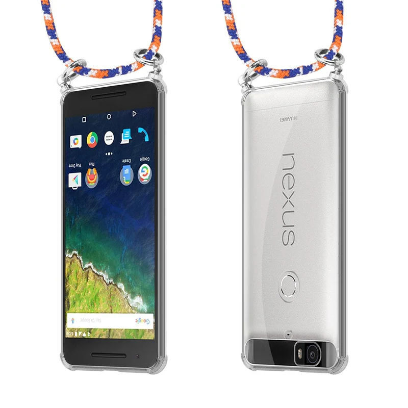 Cadorabo Handy Kette kompatibel mit Huawei Google NEXUS 6P Silikon Schutzhülle mit Silbernen Ringen, Kordel Band und abnehmbarem Etui