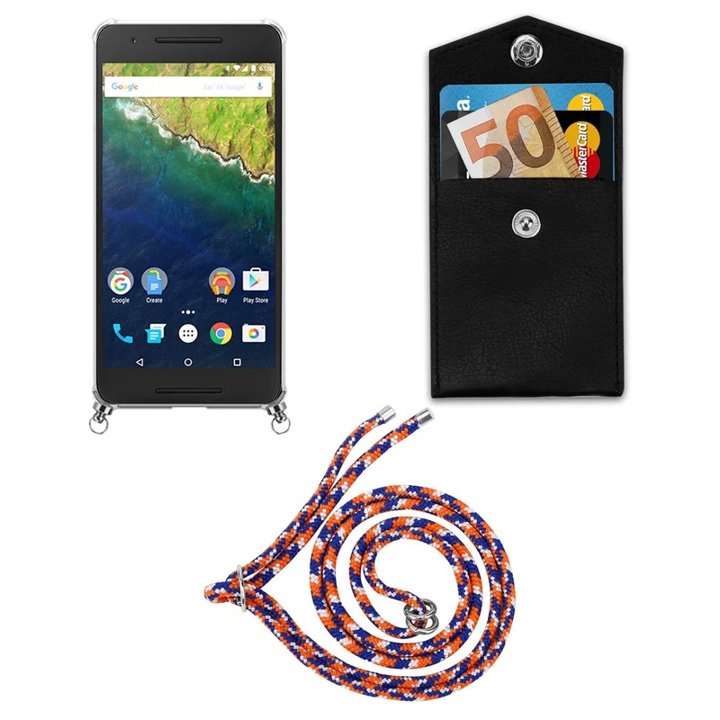 Cadorabo Handy Kette kompatibel mit Huawei Google NEXUS 6P Silikon Schutzhülle mit Silbernen Ringen, Kordel Band und abnehmbarem Etui