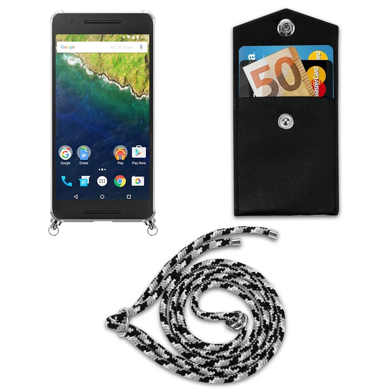 Cadorabo Handy Kette kompatibel mit Huawei Google NEXUS 6P Silikon Schutzhülle mit Silbernen Ringen, Kordel Band und abnehmbarem Etui