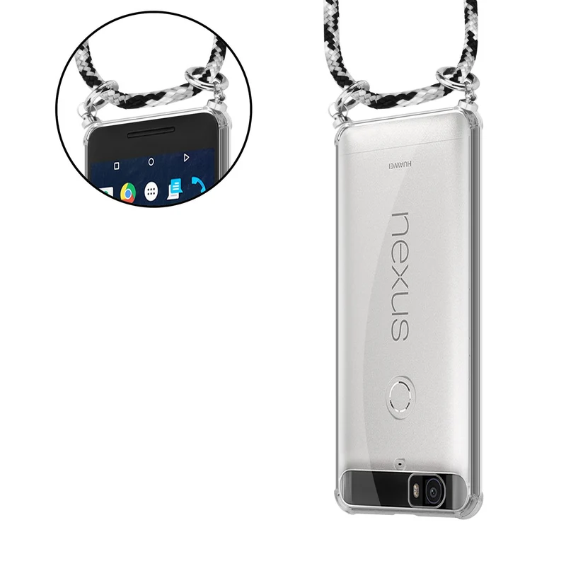 Cadorabo Handy Kette kompatibel mit Huawei Google NEXUS 6P Silikon Schutzhülle mit Silbernen Ringen, Kordel Band und abnehmbarem Etui