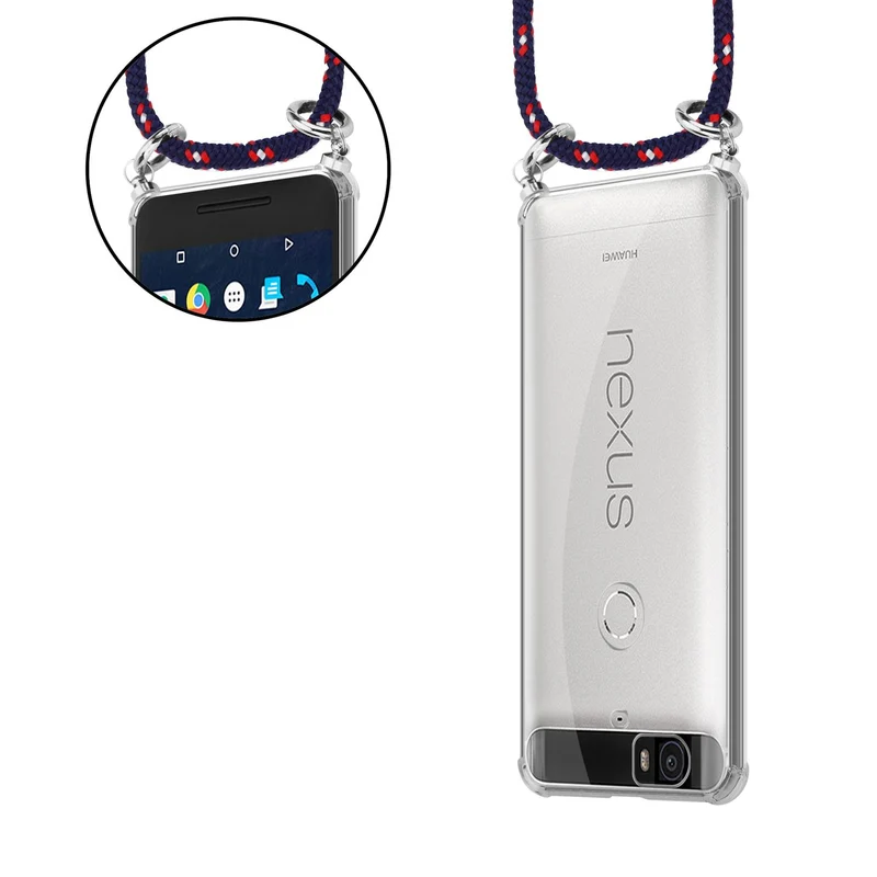 Cadorabo Handy Kette kompatibel mit Huawei Google NEXUS 6P Silikon Schutzhülle mit Silbernen Ringen, Kordel Band und abnehmbarem Etui