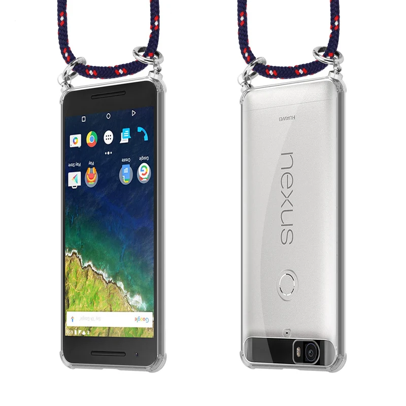 Cadorabo Handy Kette kompatibel mit Huawei Google NEXUS 6P Silikon Schutzhülle mit Silbernen Ringen, Kordel Band und abnehmbarem Etui