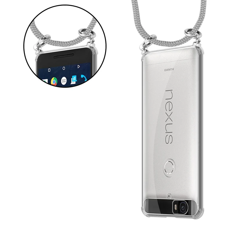 Cadorabo Handy Kette kompatibel mit Huawei Google NEXUS 6P Silikon Schutzhülle mit Silbernen Ringen, Kordel Band und abnehmbarem Etui