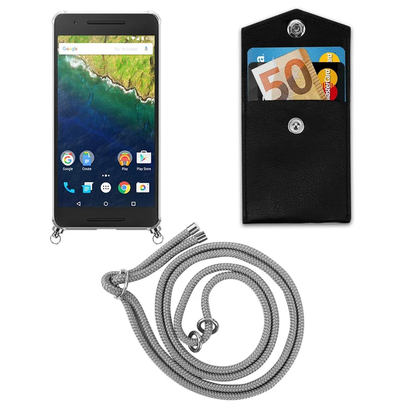 Cadorabo Handy Kette kompatibel mit Huawei Google NEXUS 6P Silikon Schutzhülle mit Silbernen Ringen, Kordel Band und abnehmbarem Etui