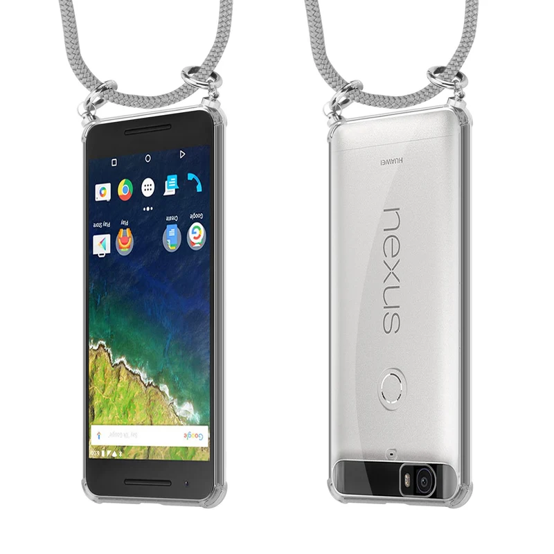 Cadorabo Handy Kette kompatibel mit Huawei Google NEXUS 6P Silikon Schutzhülle mit Silbernen Ringen, Kordel Band und abnehmbarem Etui