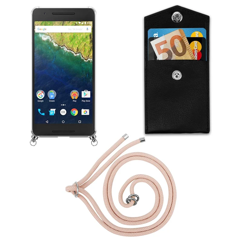 Cadorabo Handy Kette kompatibel mit Huawei Google NEXUS 6P Silikon Schutzhülle mit Silbernen Ringen, Kordel Band und abnehmbarem Etui