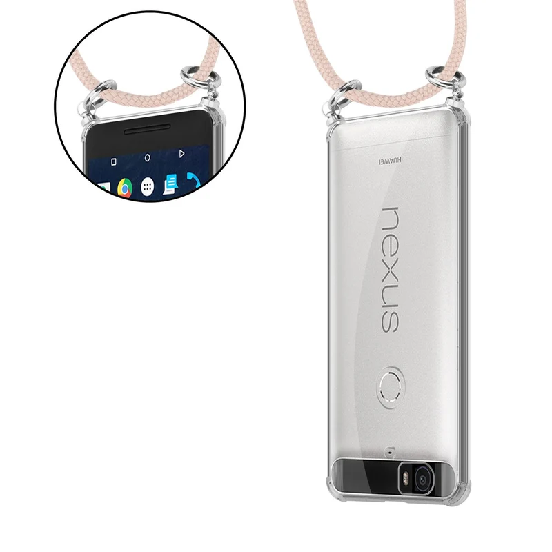 Cadorabo Handy Kette kompatibel mit Huawei Google NEXUS 6P Silikon Schutzhülle mit Silbernen Ringen, Kordel Band und abnehmbarem Etui