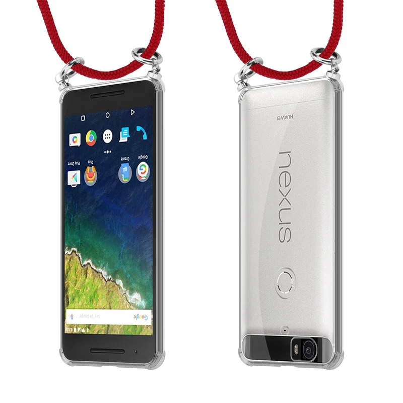 Cadorabo Handy Kette kompatibel mit Huawei Google NEXUS 6P Silikon Schutzhülle mit Silbernen Ringen, Kordel Band und abnehmbarem Etui