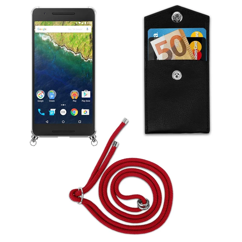 Cadorabo Handy Kette kompatibel mit Huawei Google NEXUS 6P Silikon Schutzhülle mit Silbernen Ringen, Kordel Band und abnehmbarem Etui