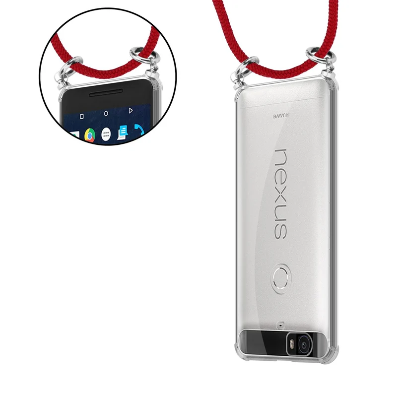 Cadorabo Handy Kette kompatibel mit Huawei Google NEXUS 6P Silikon Schutzhülle mit Silbernen Ringen, Kordel Band und abnehmbarem Etui
