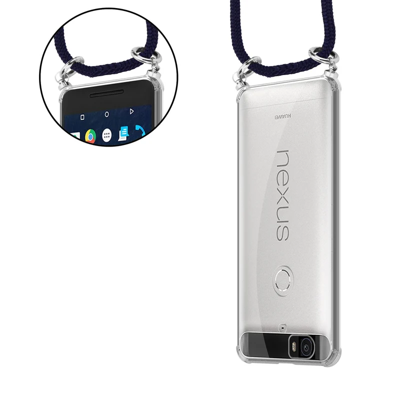 Cadorabo Handy Kette kompatibel mit Huawei Google NEXUS 6P Silikon Schutzhülle mit Silbernen Ringen, Kordel Band und abnehmbarem Etui