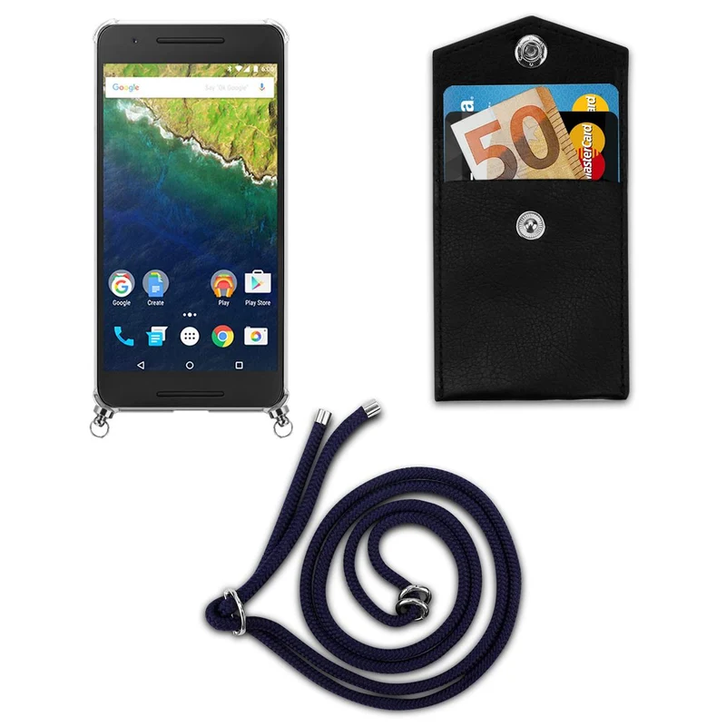 Cadorabo Handy Kette kompatibel mit Huawei Google NEXUS 6P Silikon Schutzhülle mit Silbernen Ringen, Kordel Band und abnehmbarem Etui