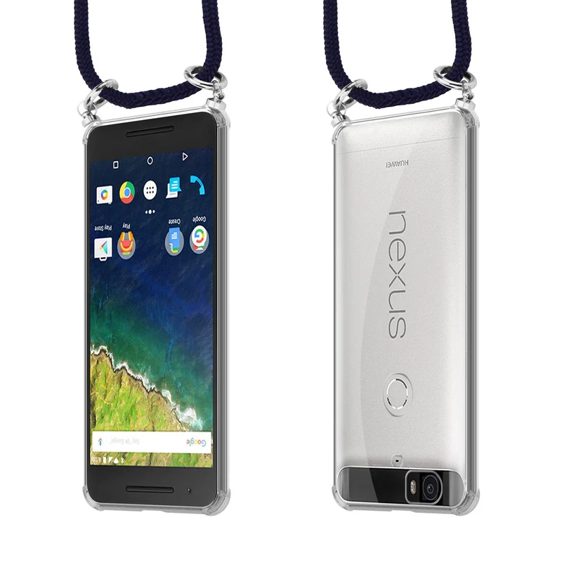 Cadorabo Handy Kette kompatibel mit Huawei Google NEXUS 6P Silikon Schutzhülle mit Silbernen Ringen, Kordel Band und abnehmbarem Etui