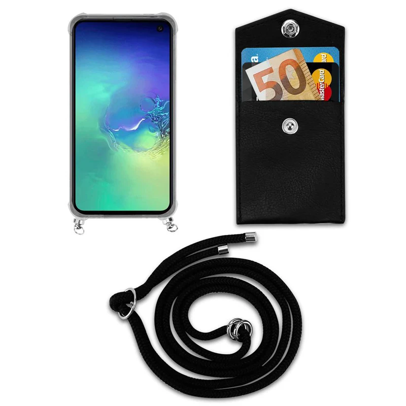 Cadorabo Handy Kette kompatibel mit Samsung Galaxy S10e Silikon Schutzhülle mit Silbernen Ringen, Kordel Band und abnehmbarem Etui