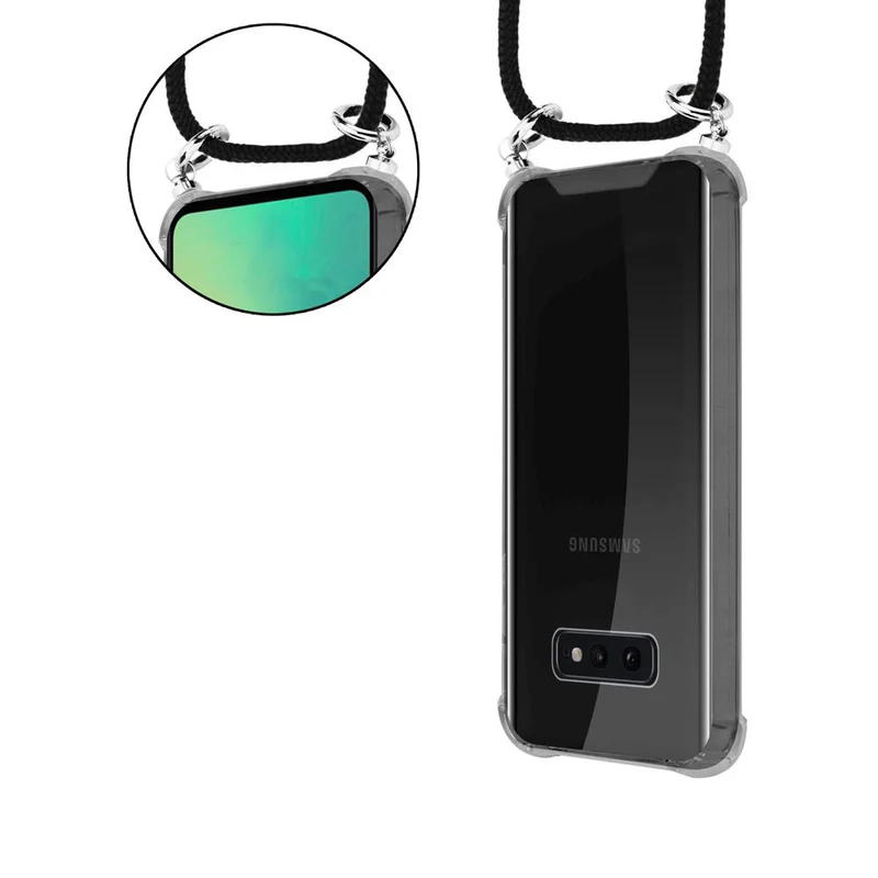 Cadorabo Handy Kette kompatibel mit Samsung Galaxy S10e Silikon Schutzhülle mit Silbernen Ringen, Kordel Band und abnehmbarem Etui