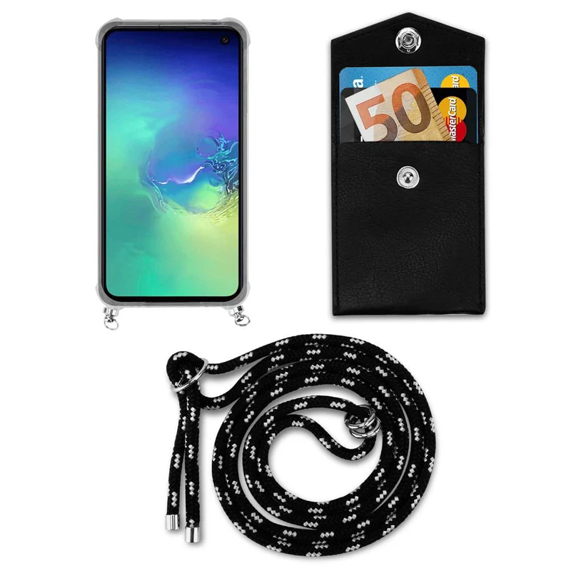 Cadorabo Handy Kette kompatibel mit Samsung Galaxy S10e Silikon Schutzhülle mit Silbernen Ringen, Kordel Band und abnehmbarem Etui