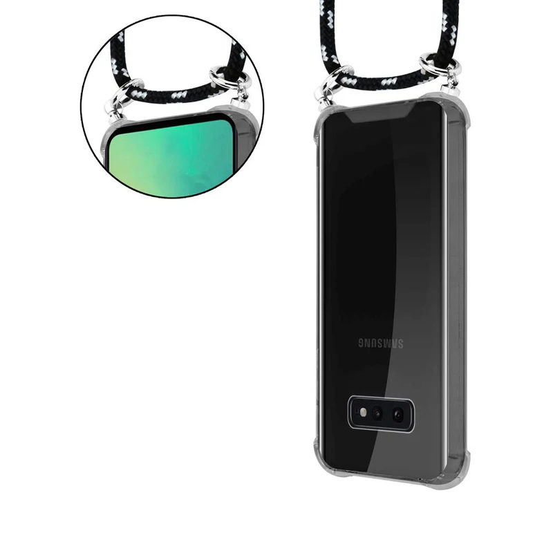 Cadorabo Handy Kette kompatibel mit Samsung Galaxy S10e Silikon Schutzhülle mit Silbernen Ringen, Kordel Band und abnehmbarem Etui