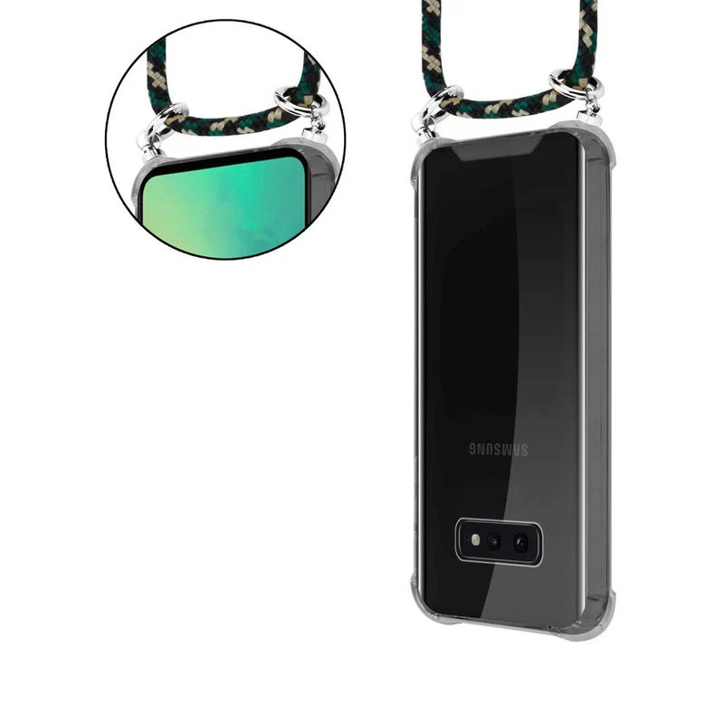 Cadorabo Handy Kette kompatibel mit Samsung Galaxy S10e Silikon Schutzhülle mit Silbernen Ringen, Kordel Band und abnehmbarem Etui