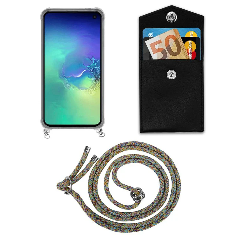 Cadorabo Handy Kette kompatibel mit Samsung Galaxy S10e Silikon Schutzhülle mit Silbernen Ringen, Kordel Band und abnehmbarem Etui