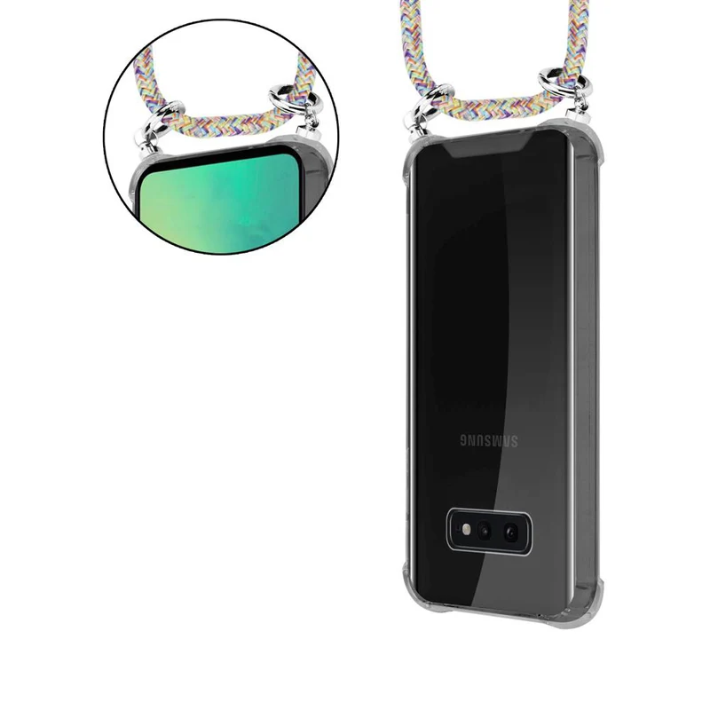 Cadorabo Handy Kette kompatibel mit Samsung Galaxy S10e Silikon Schutzhülle mit Silbernen Ringen, Kordel Band und abnehmbarem Etui