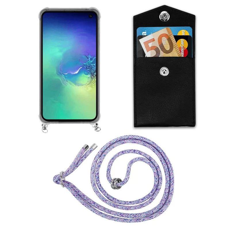 Cadorabo Handy Kette kompatibel mit Samsung Galaxy S10e Silikon Schutzhülle mit Silbernen Ringen, Kordel Band und abnehmbarem Etui