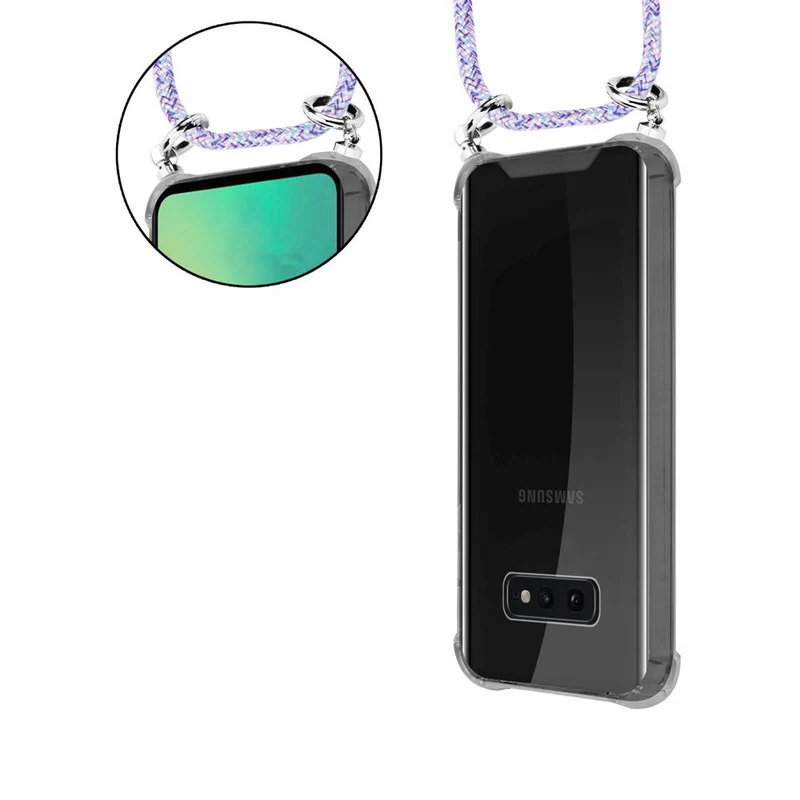 Cadorabo Handy Kette kompatibel mit Samsung Galaxy S10e Silikon Schutzhülle mit Silbernen Ringen, Kordel Band und abnehmbarem Etui