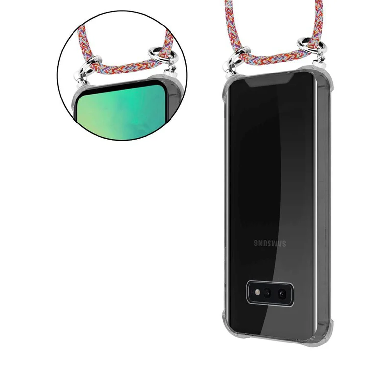 Cadorabo Handy Kette kompatibel mit Samsung Galaxy S10e Silikon Schutzhülle mit Silbernen Ringen, Kordel Band und abnehmbarem Etui
