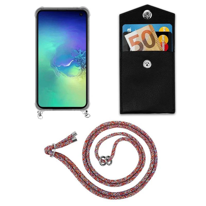 Cadorabo Handy Kette kompatibel mit Samsung Galaxy S10e Silikon Schutzhülle mit Silbernen Ringen, Kordel Band und abnehmbarem Etui