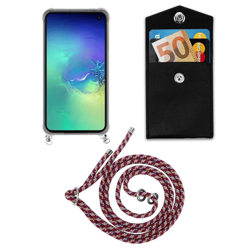 Cadorabo Handy Kette kompatibel mit Samsung Galaxy S10e Silikon Schutzhülle mit Silbernen Ringen, Kordel Band und abnehmbarem Etui