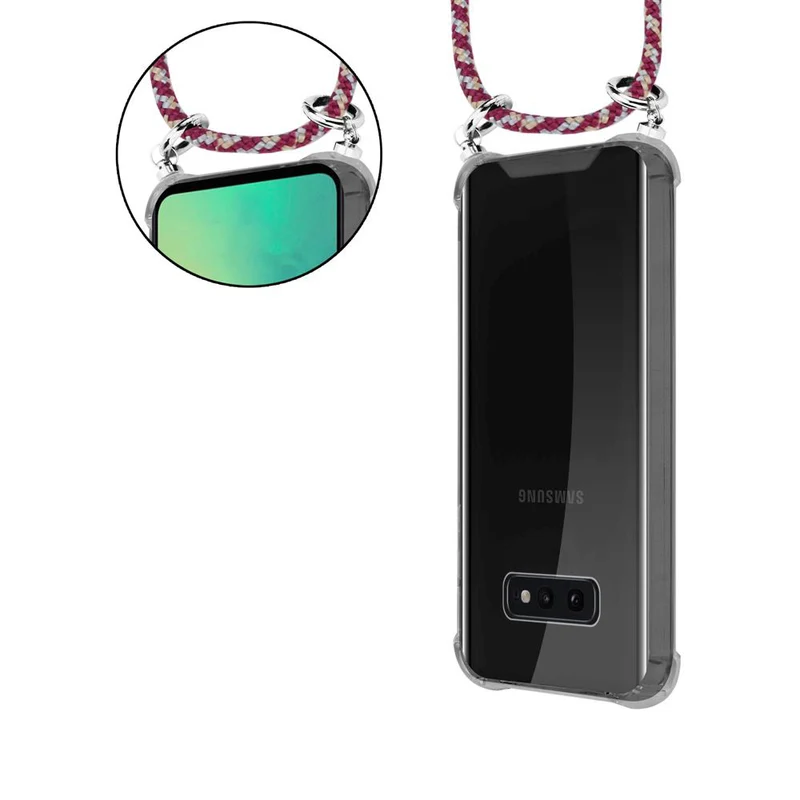 Cadorabo Handy Kette kompatibel mit Samsung Galaxy S10e Silikon Schutzhülle mit Silbernen Ringen, Kordel Band und abnehmbarem Etui