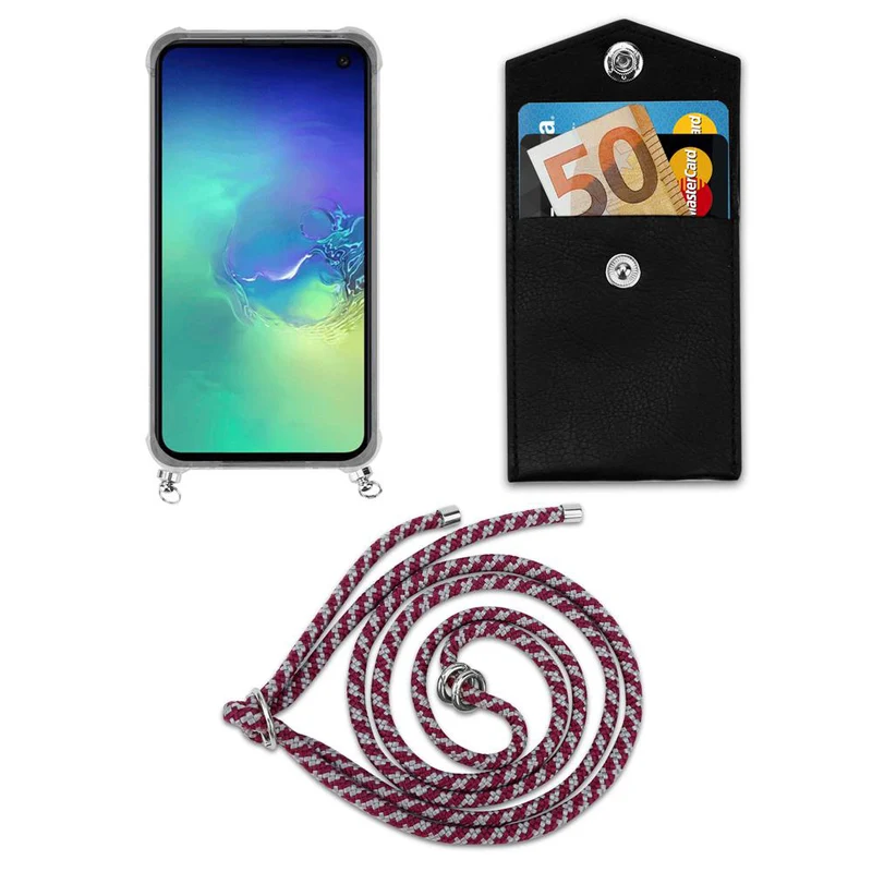 Cadorabo Handy Kette kompatibel mit Samsung Galaxy S10e Silikon Schutzhülle mit Silbernen Ringen, Kordel Band und abnehmbarem Etui