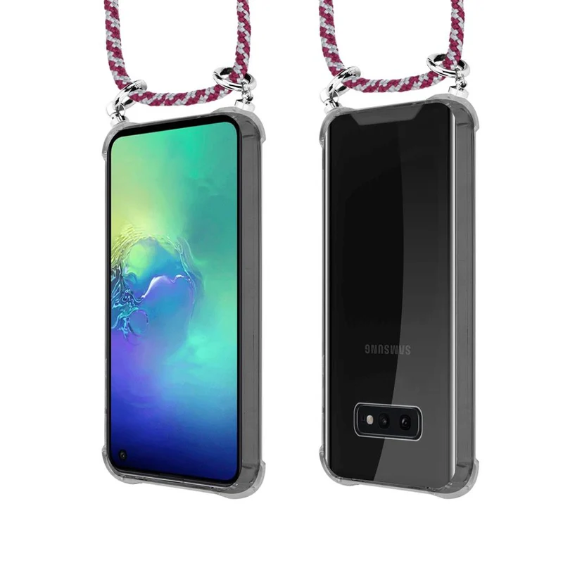 Cadorabo Handy Kette kompatibel mit Samsung Galaxy S10e Silikon Schutzhülle mit Silbernen Ringen, Kordel Band und abnehmbarem Etui