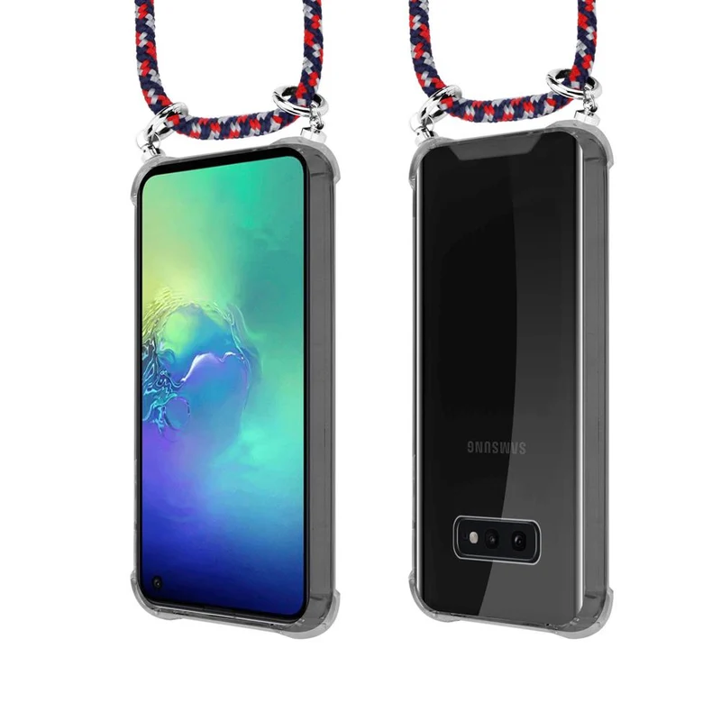 Cadorabo Handy Kette kompatibel mit Samsung Galaxy S10e Silikon Schutzhülle mit Silbernen Ringen, Kordel Band und abnehmbarem Etui